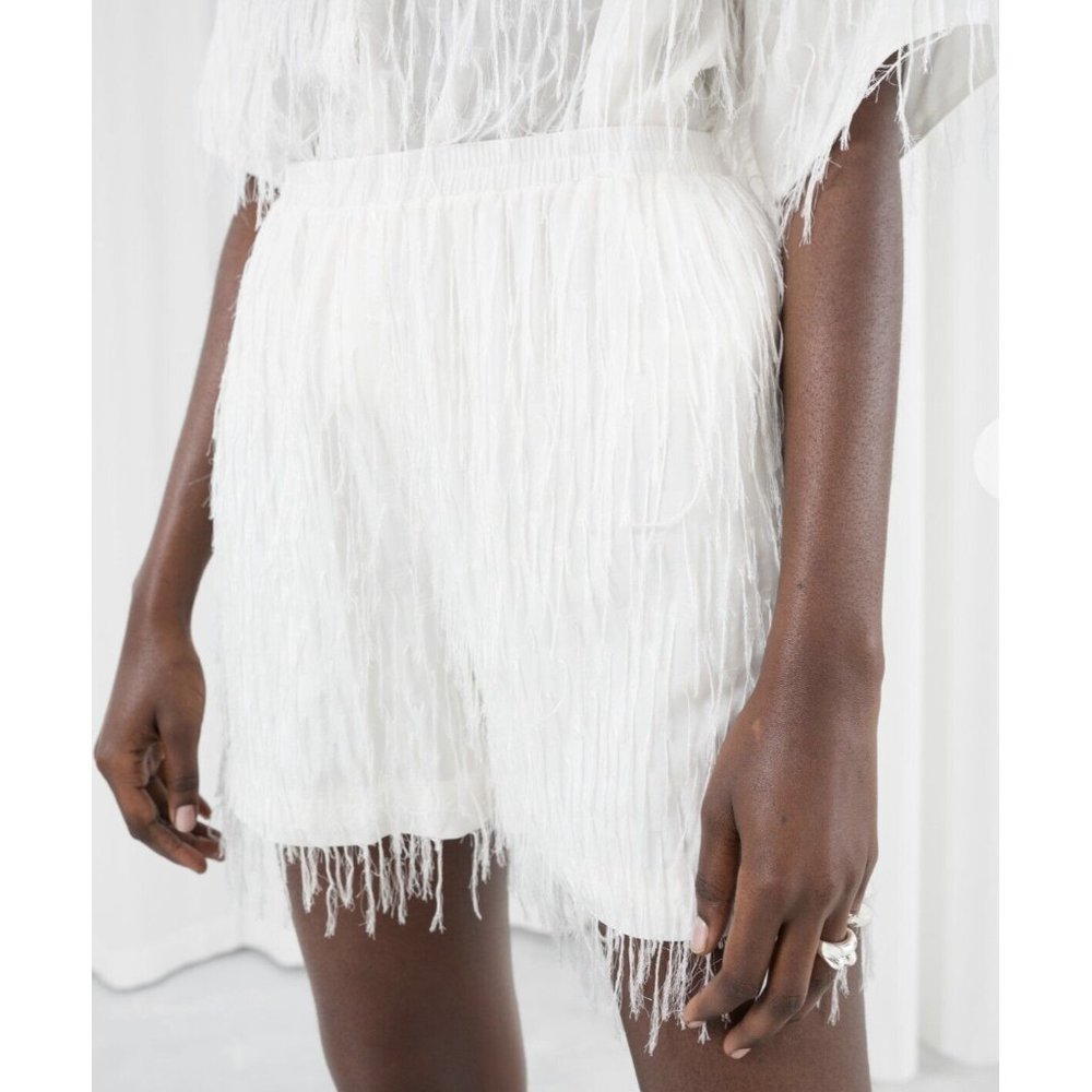 & Other Stories White High Waisted shorts w fringe elasticate waist band sz 8 - Picture 8 of 9
